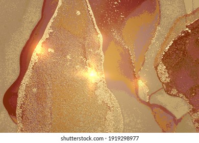 Cobre, latón y textura de mármol dorado con chispas. Resumen del fondo vectorial en la técnica de tinta alcohólica. Pintura moderna con brillo. Plantilla para banner, diseño de afiches. Pintura de arte fluido