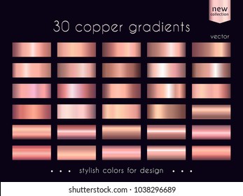 Copper, bronze gradients collection. Set of metallic gradient illustrations for coin, ribbons, medals, cups, backgrounds, frame, banner, card, cover, label, flyer, etc. Vector template