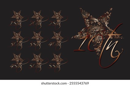 Copper and brown anniversary logos on a black background, celebrating fifteen to fifty-fifth and seventieth anniversaries