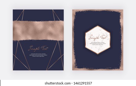 Copper Brush Stroke Foil Texture Design Cards With Polygonal Lines And Marble Frames On The Dark Blue Background. Trendy Templates For Wedding Invitation, Banner,flyer, Poster, Greeting.
