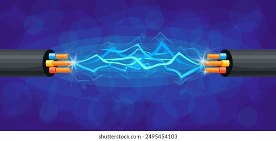 Copper cable spark. Electrical wire electricity power energy industry high voltage, electric cables connection break cord insulation glow short circuit, neat vector illustration authors graphics