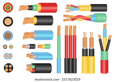 Los alambres de cobre del cable fijan los Elementos en Diseño gráfico plano. Objetos de Paquete de diferentes tipos y colores, circuitos de cableado, cables eléctricos, líneas de suministro de energía, vista de estructura de corte de núcleo. Ilustración vectorial.