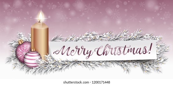 Copper candle with pink baubles and frozen fir twigs in the snow. Eps 10 vector file.