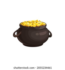 Copper cauldron full of gold isolated metal pot with leprechaun savings. Vector Saint Patricks Day treasures, celtic Ireland holiday mascot. Symbol of wealth and rich, St. Patrick golden money coins