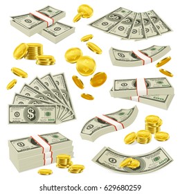 Copper cents gold coins and american currency banknotes with dollar symbol realistic money images collection vector illustration 