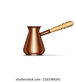 A copper cezve for to make Turkish coffee. Realistic 3d vector household utensil object isolated on the white background. Coffee maker ibriki with a wooden long-handled.