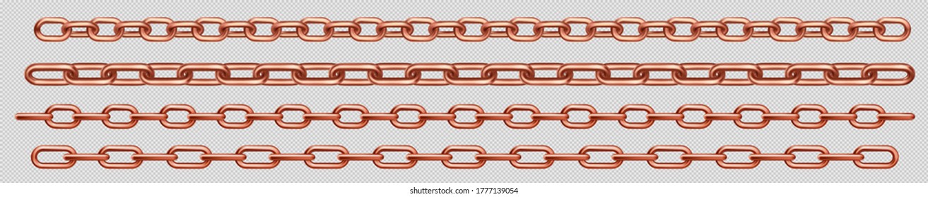 Copper chains isolated on transparent background. Vector realistic set of straight heavy metal chains with different size links. Frame or border pattern with connected bronze or brass rings