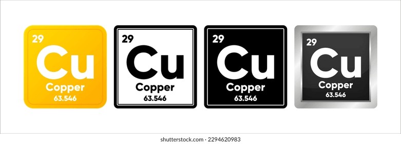 Elemento químico de cobre con 29 valores de número atómico, masa atómica y electrónica. Concepto de tabla periódica. Logo de cuatro diseños. Sencillo logotipo negro, realista y en color. Ilustración vectorial.