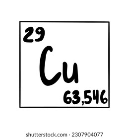 Kupfer. Chemisches Element in periodischer Tabelle mit Atomnummer und Masse. Wertvolles Festmaterial, dichtes hitzeführendes Metall. Vektor, schwarz-weiß, einzelne Illustration, handgezeichnet