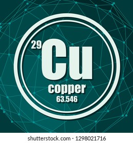 Copper chemical element. Sign with atomic number and atomic weight. Chemical element of periodic table. Molecule And Communication Background. Connected lines with dots.