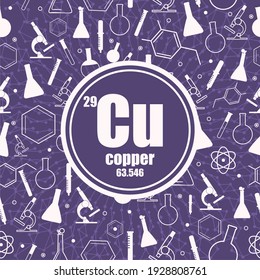 Copper chemical element. Sign with atomic number and atomic weight. Chemical element of periodic table. Connected lines with dots. Circle frame with icons.