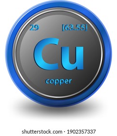 Copper chemical element. Chemical symbol with atomic number and atomic mass. illustration