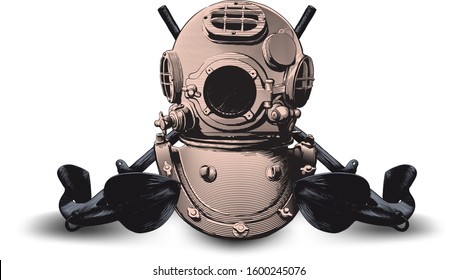 copper classic heavy diving helmet and two crossed old admiralty anchors