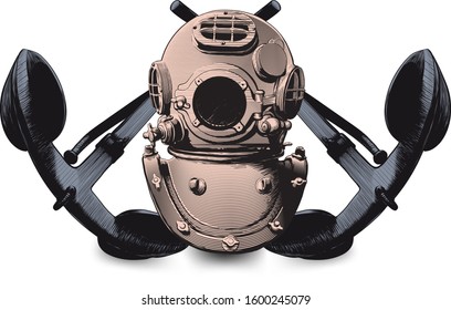 copper classic heavy diving helmet and two crossed old admiralty anchors