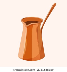 Copper coffee pot with long handle and spout on light background