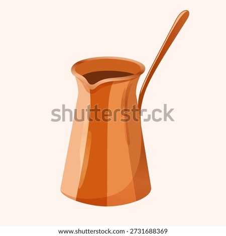Copper coffee pot with long handle and spout on light background