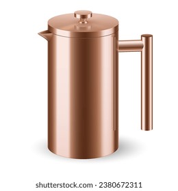 A copper coffee pot, specifically a French press, displayed on a white