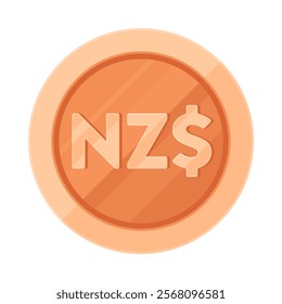 Copper coin with New Zealand dollar sign ($, NZ$). Economy, finance, investment, profit, money, NZD currency concept. Flat vector illustration isolated on white background	
