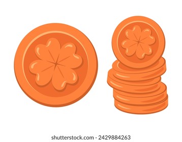 Copper coins with four leaf clover. St. Patrick's day symbol. Vector illustration, design element isolated on white background