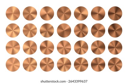 Copper color radial medal shield. Bronze metal circle coin. Vector badge round button. 3d brushed disk surface texture. Anniversary seal label. Circular gradient sticker texture. Third prize tag