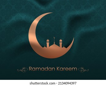 Luna De Cobre Crescent Con Mezquita De Silueta Contra El Tejido Cruzado Fondo Del Patrón Islámico De Tela Para El Concepto Ramadan Kareem.