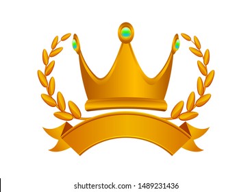 copper crown with laurel wreath and ribbon isolated on white, circle frame copper laurel wreath icon, vintage copper crown, ribbon copper laurel wreath luxury for ornament royal king crown or queen