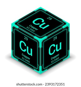 Copper (Cu) (029) - Fundamental Element Futuristic Cybernetic Cube Block Isometric View, Icon Isolated White Background, Periodic Table, Chemical Symbol, Name, Atomic Mass, Atomic Number