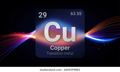 Copper (Cu) (029) Transition Metal, Glass Morphism Element Futuristic Neon Light Glow Background Periodic Table, Chemical Symbol, Name, Atomic Mass, Atomic Number, Vector Illustration