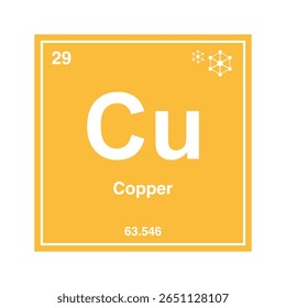 Ícone de cobre, cobre, elemento químico periódico. Elemento químico na tabela periódica. Símbolo com número atômico 63.546. Elemento de cobre