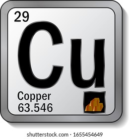 Icono de elemento de tabla periódica Copper o Cu en la ilustración vectorial de botón metálico plateado. Etiqueta 3d con sombra suave para la etiqueta de producto químico o elemento de diseño gráfico de página web digital.