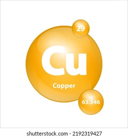 Copper, Cuprum (Cu) icon structure chemical element round shape circle yellow dark. Chemical element of periodic table Sign with atomic number. Study in science for education. 3D Illustration vector.