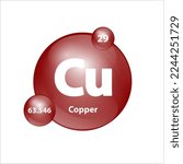 Copper, Cuprum(Cu) Icon structure chemical element round shape circle brown easily. 3D Illustration vector. Chemical element of periodic table Sign with atomic number. Study in science for education.