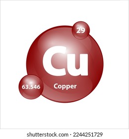 Cobre, Cuprum(Cu) Estructura del icono elemento químico forma redonda círculo marrón fácilmente. Vector de ilustración 3D. Elemento químico de la tabla periódica Signo con número atómico. Estudio en ciencia para la educación.