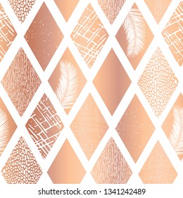 Copper foil collage rhombus shapes seamless vector pattern. Contemporary rose golden abstract background geometric textured shapes. Rhombus shapes with tropical palm leaf, animal skin textures. 