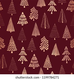 Copper foil doodle Christmas trees seamless vector pattern backdrop. Metallic shiny rose golden trees on red background. Elegant design for Christmas, New Year, gift wrap, party invitation, card