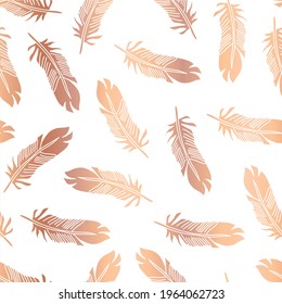 Copper foil feathers seamless vector pattern. Repeating background metallic rose gold feather illustration. Elegant surface pattern design for home decor, wallpaper, wrapping.
