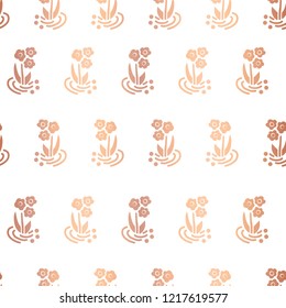 Copper foil folk flowers on white repeating vector background. Scattered shiny rose golden vintage florals seamless pattern. Elegant art for celebration, birthday, girl, nursery, party, wedding, cards