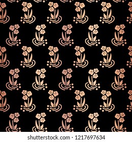 Copper foil folk flowers on black repeating vector background. Scattered shiny rose golden vintage florals seamless pattern. Elegant art for celebration, birthday, girl, nursery, party, wedding, cards