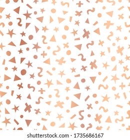 Copper foil geometric shapes seamless vector pattern. Triangles, dots, stars, and circles faux metallic rose golden texture on a white background. Memphis style backdrop for surface pattern decor