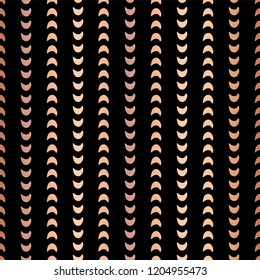 Copper foil half moon shapes seamless vector pattern. Rose Golden crescents in vertical lines on black background. Elegant design for New year, banners, wedding, party invitation, birthday celebration