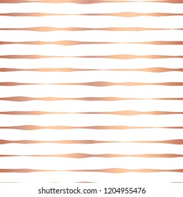 Copper foil hand drawn horizontal lines seamless vector pattern. Rose gold wavy irregular stripes on white background. Elegant design. Digital paper, party, birthday, invitation, New Year, gift wraps