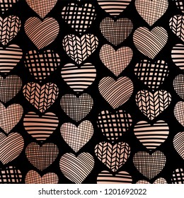 Copper foil heart shape seamless vector pattern. Rose golden abstract textured hearts on black background. Elegant art for web banner, digital paper, gift wrap, Christmas, Valentines, invite, wedding