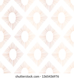 Copper foil Ikat seamless vector pattern. Abstract rhombus shapes repeating background rose gold on white