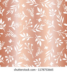 Copper foil leaves elegant seamless vector background. Simple abstract white leaf on metallic rose gold foil texture, endless foliage pattern. Paper, web banner, cards, wedding, celebration, invite