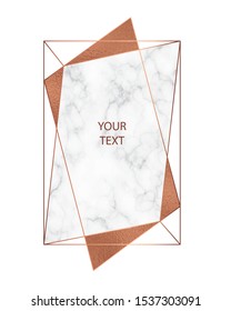 Copper foil and marble texture background. Abstract geometric frame. Copper polygonal texture for trendy cover design, invitation, greeting card