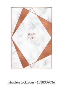 Copper foil and marble texture background. Abstract geometric frame. Copper polygonal texture for trendy cover design, invitation, greeting card