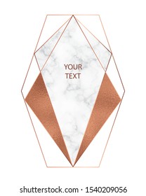 Copper foil and marble texture background. Abstract geometric frame. Copper polygonal texture for trendy cover design, invitation, greeting card