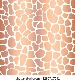 Copper foil metallic abstract background with mosaic shapes. Seamless vector pattern stylized animal skin texture. Rose gold foil shapes on white backdrop. Elegant for celebration, paper, packaging