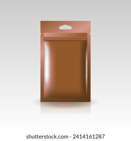 Copper foil, plastic, paper flat zip lock bag with triangle hang hole for products. Isolated on gradient gray background. Ready to use for package design. Realistic vector illustration.