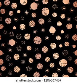 Copper foil space planets seamless vector pattern background. Rose Golden hand drawn cosmic elements planets stars on black backdrop. For school supplies, kids decor, gift wrap, birthday, New Year